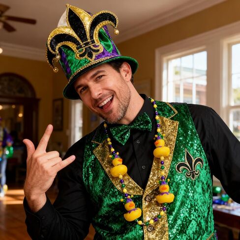 Wehhbtye 2 Pcs Mardi Gras Rubber Duck Beads Necklace, Mardi Gras Jester Ducks Beads Necklace, Purple Gold Green Beaded Duck Necklaces for Carnival New Orleans Parade Party Costume Accessories in Kuwait