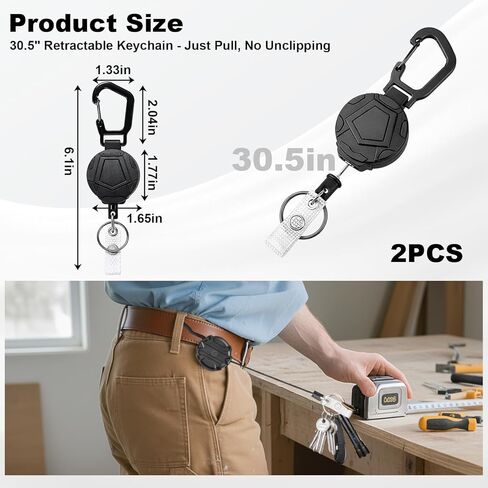 Retractable Keychain, Heavy Duty Badge Reels with Secure Carabiner Clip, Professional Access Solution for Maintenance Engineers and Outdoor Activities, Black 2-Pack in Kuwait
