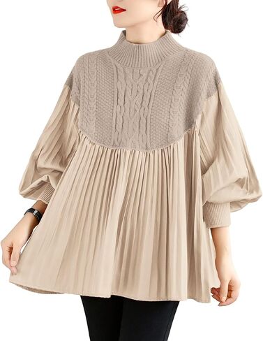 ellazhu Women's Casual Patchwork Kintted Shirt Long Lantern Sleeve Pullover Tops GA2724 in Saudi Arabia