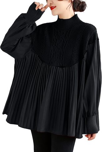 ellazhu Women's Casual Patchwork Kintted Shirt Long Lantern Sleeve Pullover Tops GA2724 in Saudi Arabia