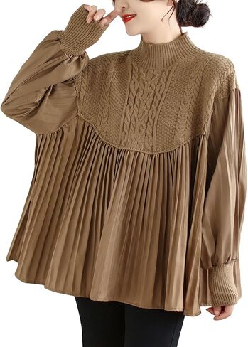 ellazhu Women's Casual Patchwork Kintted Shirt Long Lantern Sleeve Pullover Tops GA2724 in Saudi Arabia