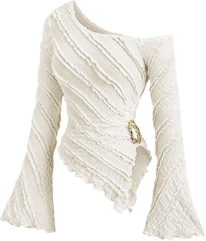 SOLY HUX Women's Off The Shoulder Long Sleeve Tops Y2K Going Out Crop Tees Asymmetrical Trendy T Shirts Clubwear in Saudi Arabia