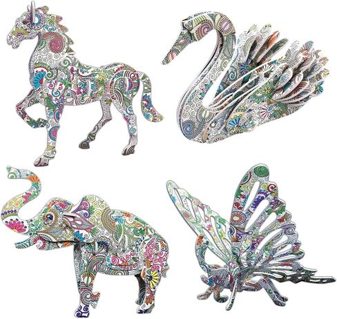 KAZOKU Crafts للفتيات الذين تتراوح أعمارهم بين 8-12 عامًا ألعاب ألغاز تلوين ثلاثية الأبعاد 4 ألغاز حيوانات مع 12 قلم تحديد مجموعات الفنون والحرف الإبداعية للأطفال الذين تتراوح أعمارهم بين 8 9 10 11 12 يوم عيد ميلاد للأطفال للأولاد Grils in Kuwait