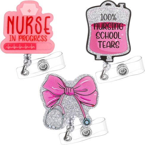 3PCS Future Student Nurse Badge Reels Bundle Set Nursing School Badge Reel with ID Clip Funny Cute Nursing Badges Holder Pink ID Card Name Tag Retractable Clip for Office Work Nurse School in Saudi Arabia