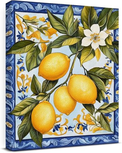 Vintage Lemon Canvas Wall Art Italian Maiolica Tile Lemons Print Poster Framed Picture Painting for Home Living Room Bedroom Decor 8x10 Inch in Saudi Arabia