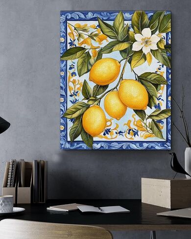 Vintage Lemon Canvas Wall Art Italian Maiolica Tile Lemons Print Poster Framed Picture Painting for Home Living Room Bedroom Decor 8x10 Inch in Saudi Arabia