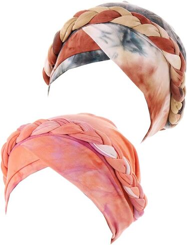 2pcs Chemo Cancer Turbans for Women Braid Turban Cap Headwrap Head Scarf Beanie Cap in Kuwait