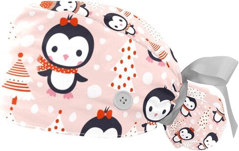 2 Packs Working Cap with Buttons & Ribbon Tie for Women, One Size Working Head Cover, Nursing Surgery Cap Christmas Penguin Pink, Multicoloured 3, Medium-3X-Large in Kuwait