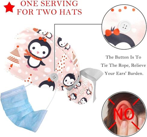 2 Packs Working Cap with Buttons & Ribbon Tie for Women, One Size Working Head Cover, Nursing Surgery Cap Christmas Penguin Pink, Multicoloured 3, Medium-3X-Large in Kuwait
