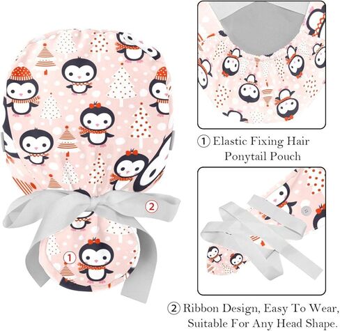 2 Packs Working Cap with Buttons & Ribbon Tie for Women, One Size Working Head Cover, Nursing Surgery Cap Christmas Penguin Pink, Multicoloured 3, Medium-3X-Large in Kuwait