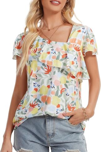 بلوزات نسائية صيفية غير متماثلة ورقبة على شكل حرف V، بلوزات كاجوال بأكمام مكشكشة مطبوعة بالزهور، قمصان ربيع الشاطئ فضفاضة in Kuwait