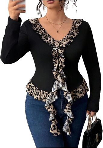 WDIRARA Women's Plus Size Leopard Ruffle V Neck T Shirts Long Sleeve Tee Tops in Saudi Arabia