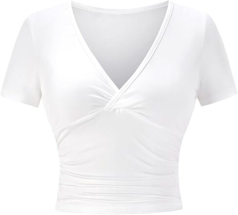 Women's Ruched Crop Top Y2k Wrap Deep V Neck Short Sleeve T Shirts Going Out Outfits in Saudi Arabia