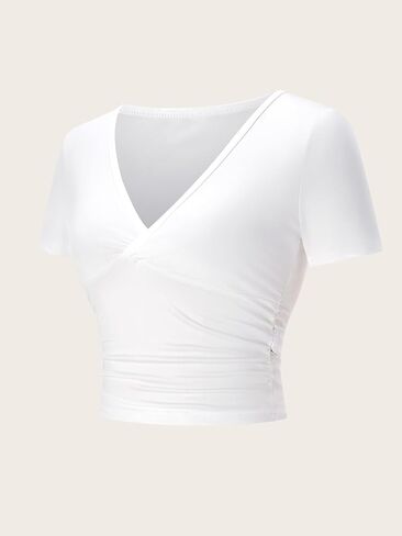 Women's Ruched Crop Top Y2k Wrap Deep V Neck Short Sleeve T Shirts Going Out Outfits in Saudi Arabia