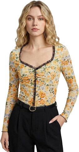 Women's Floral Sweetheart Neckline T Shirt Mesh Long Sleeve Fitted Fall Going Out Tops in Saudi Arabia