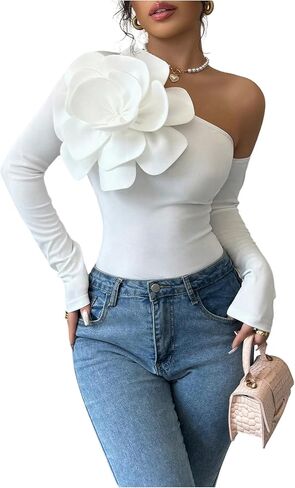 OYOANGLE Women's 3D Floral One Shoulder Tshirt Party Slim Fitted Going Out Tops in Kuwait