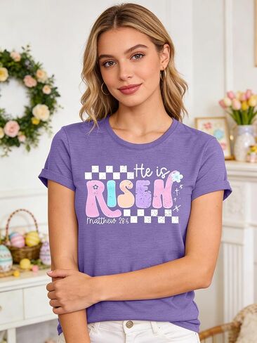 SFHFY Easter Shirt for Women: He is Risen T-Shirt Christian Religious Tee Casual Faith Bible Verse Tops in Saudi Arabia