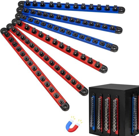 6PC Magnetic Socket Organizer Set, 1/2" 3/8" 1/4" Drive Aluminum Alloy Socket Holder with Removable Socket Clips for Quick Customization, Socket Rail for Tool Box Drawer in Kuwait