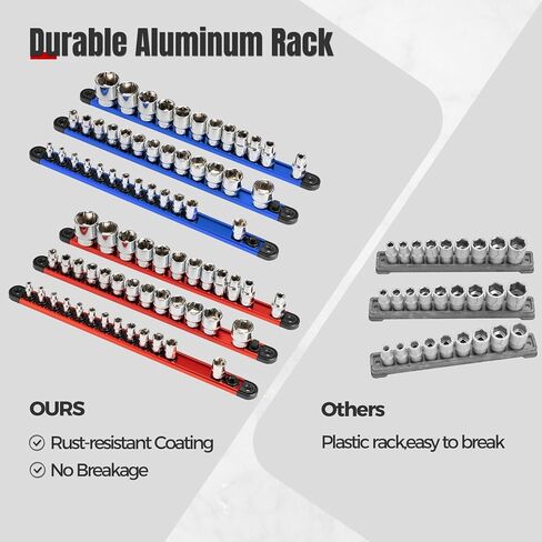 6PC Magnetic Socket Organizer Set, 1/2" 3/8" 1/4" Drive Aluminum Alloy Socket Holder with Removable Socket Clips for Quick Customization, Socket Rail for Tool Box Drawer in Kuwait