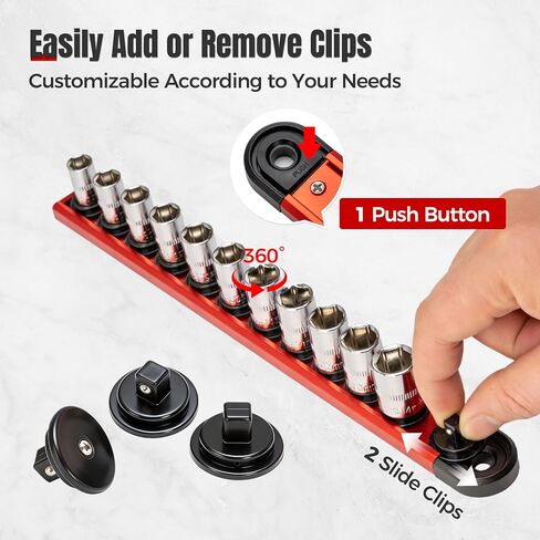 6PC Magnetic Socket Organizer Set, 1/2" 3/8" 1/4" Drive Aluminum Alloy Socket Holder with Removable Socket Clips for Quick Customization, Socket Rail for Tool Box Drawer in Kuwait