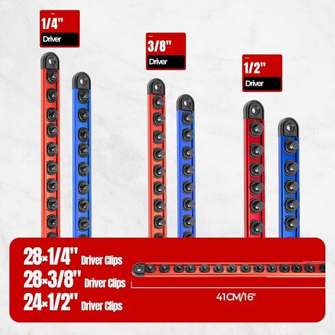 6PC Magnetic Socket Organizer Set, 1/2" 3/8" 1/4" Drive Aluminum Alloy Socket Holder with Removable Socket Clips for Quick Customization, Socket Rail for Tool Box Drawer in Kuwait