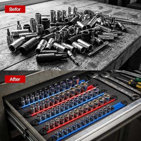 6PC Magnetic Socket Organizer Set, 1/2" 3/8" 1/4" Drive Aluminum Alloy Socket Holder with Removable Socket Clips for Quick Customization, Socket Rail for Tool Box Drawer in Kuwait