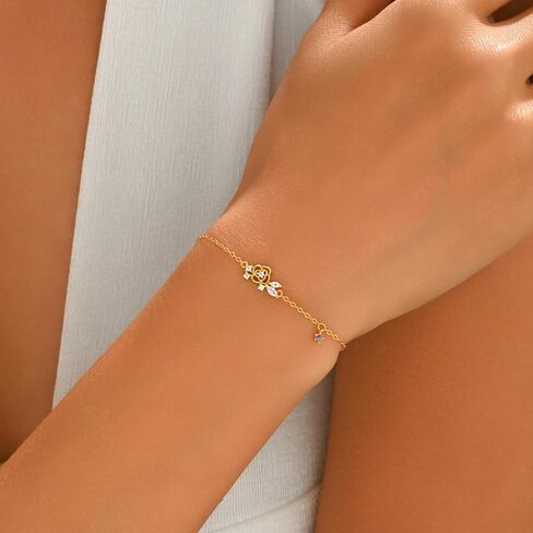 925 Sterling Silver Rose Flower Bracelet for Women 14K Gold Plated Dainty Cubic Zirconia Leaf Bracelets Adjustable Charm Bracelet Easter Jewelry Mothers Day Easter Gifts in Saudi Arabia