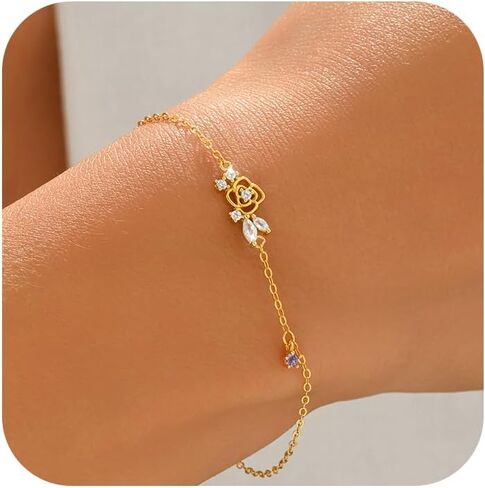 925 Sterling Silver Rose Flower Bracelet for Women 14K Gold Plated Dainty Cubic Zirconia Leaf Bracelets Adjustable Charm Bracelet Easter Jewelry Mothers Day Easter Gifts in Saudi Arabia