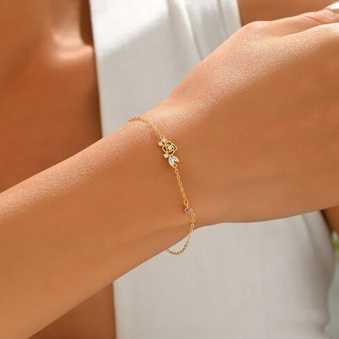 925 Sterling Silver Rose Flower Bracelet for Women 14K Gold Plated Dainty Cubic Zirconia Leaf Bracelets Adjustable Charm Bracelet Easter Jewelry Mothers Day Easter Gifts in Saudi Arabia