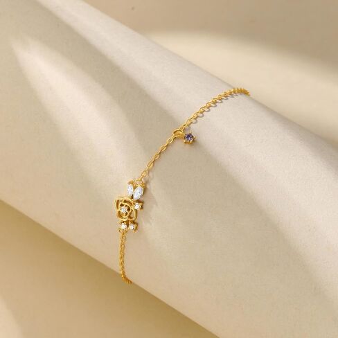 925 Sterling Silver Rose Flower Bracelet for Women 14K Gold Plated Dainty Cubic Zirconia Leaf Bracelets Adjustable Charm Bracelet Easter Jewelry Mothers Day Easter Gifts in Saudi Arabia