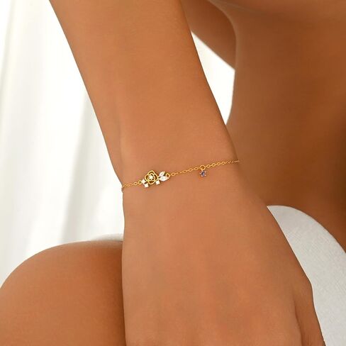 925 Sterling Silver Rose Flower Bracelet for Women 14K Gold Plated Dainty Cubic Zirconia Leaf Bracelets Adjustable Charm Bracelet Easter Jewelry Mothers Day Easter Gifts in Saudi Arabia