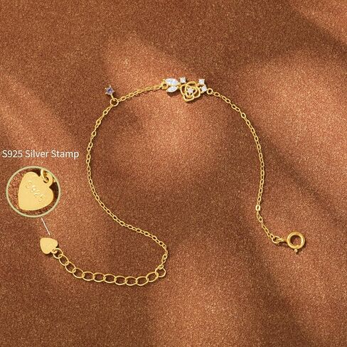 925 Sterling Silver Rose Flower Bracelet for Women 14K Gold Plated Dainty Cubic Zirconia Leaf Bracelets Adjustable Charm Bracelet Easter Jewelry Mothers Day Easter Gifts in Saudi Arabia