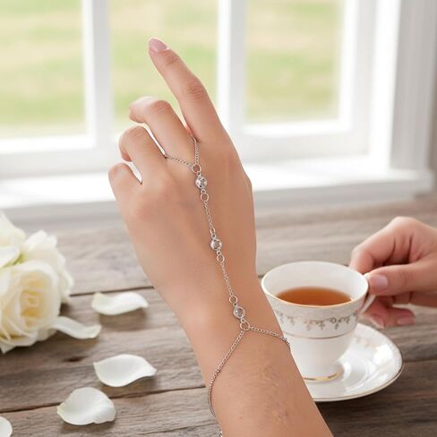 سوار رقيق بحلقة إصبع رائعة، سوار سلسلة يد فضي للنساء، سوار سلسلة يد بحلقة فضية، عصري مطلي بالذهب غير مشوه، إكسسوارات مجوهرات للنساء in Kuwait