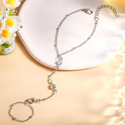 سوار رقيق بحلقة إصبع رائعة، سوار سلسلة يد فضي للنساء، سوار سلسلة يد بحلقة فضية، عصري مطلي بالذهب غير مشوه، إكسسوارات مجوهرات للنساء in Kuwait