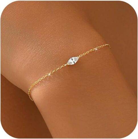 925 Sterling Silver Marquise Cut Cubic Zirconia Bracelets for Women 14k Gold Plated Tear Drop Fake Diamond Crystal Link Bracelet Wedding Bridal Prom Chain Jewelry Gifts for Bridesmaids in Kuwait