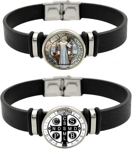 2 Pcs St. Benedict Medal Black Leather Bracelet, Catholic St. Benedict Lucky Protection Bracelet, Inspirational Prayer Religious Jewelry for Men and Women in Kuwait
