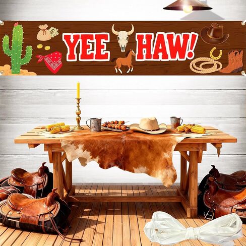 لافتة غربية Yee Haw مقاس 71 × 16 بوصة - ديكورات حفلات رعاة البقر في الغرب المتوحش، لوازم موضوعات أعياد الميلاد، خلفية كبيرة داخلية وخارجية ودعائم كشك للصور للمزرعة والحظيرة والحديقة وديكور السياج in Kuwait