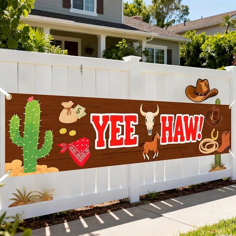 لافتة غربية Yee Haw مقاس 71 × 16 بوصة - ديكورات حفلات رعاة البقر في الغرب المتوحش، لوازم موضوعات أعياد الميلاد، خلفية كبيرة داخلية وخارجية ودعائم كشك للصور للمزرعة والحظيرة والحديقة وديكور السياج in Kuwait