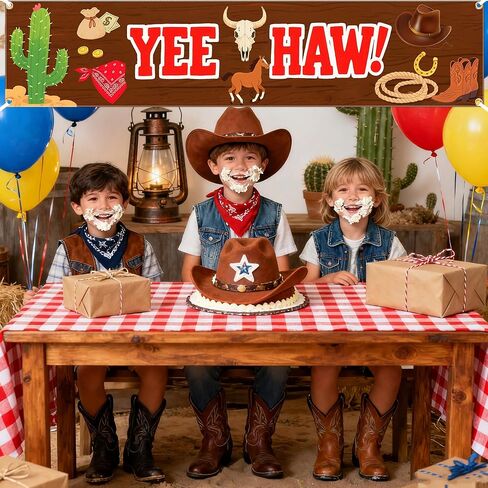 لافتة غربية Yee Haw مقاس 71 × 16 بوصة - ديكورات حفلات رعاة البقر في الغرب المتوحش، لوازم موضوعات أعياد الميلاد، خلفية كبيرة داخلية وخارجية ودعائم كشك للصور للمزرعة والحظيرة والحديقة وديكور السياج in Kuwait