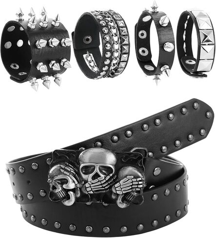 Y2k Belt with Bracelet, 5Pcs Gothic Punk Rock Accessories for Women Men, Aesthetic Set for Grunge Costumes in Saudi Arabia