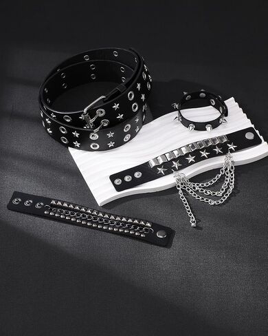 Y2k Belt with Bracelet, 5Pcs Gothic Punk Rock Accessories for Women Men, Aesthetic Set for Grunge Costumes in Saudi Arabia