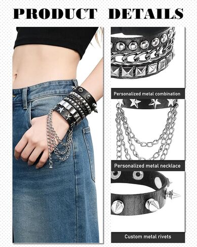 Y2k Belt with Bracelet, 5Pcs Gothic Punk Rock Accessories for Women Men, Aesthetic Set for Grunge Costumes in Saudi Arabia