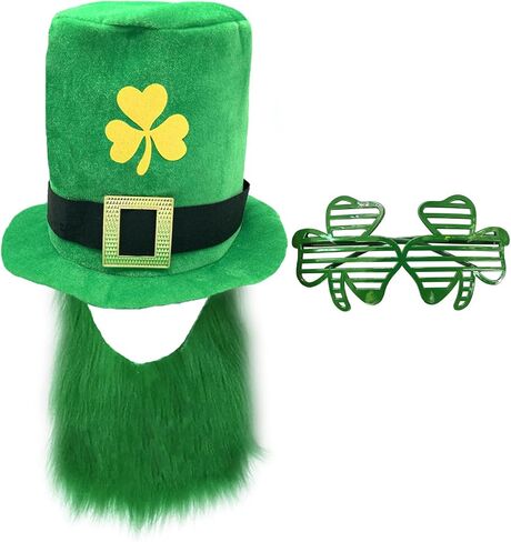 WLBON St. Patrick's Day Top Hat Beard Eyeglasses Glasses Shamrock Clover Cap Headpiece Women Men Green Party Hat for Leprechaun Irish Day Carnival Parade Cosplay Dress Up Birthday Party Accessories in Kuwait