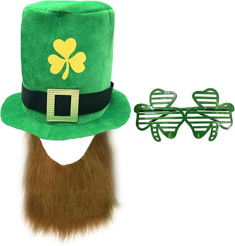 WLBON St. Patrick's Day Top Hat Beard Eyeglasses Glasses Shamrock Clover Cap Headpiece Women Men Green Party Hat for Leprechaun Irish Day Carnival Parade Cosplay Dress Up Birthday Party Accessories in Saudi Arabia