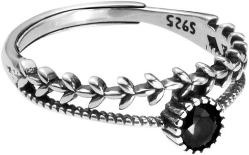 خاتم من الفضة الإسترليني s925 مرصع بالألماس بتصميم ورقة شجر من الفضة والألماس الأسود وخاتم مزدوج الفهرس in Kuwait