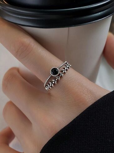 خاتم من الفضة الإسترليني s925 مرصع بالألماس بتصميم ورقة شجر من الفضة والألماس الأسود وخاتم مزدوج الفهرس in Kuwait