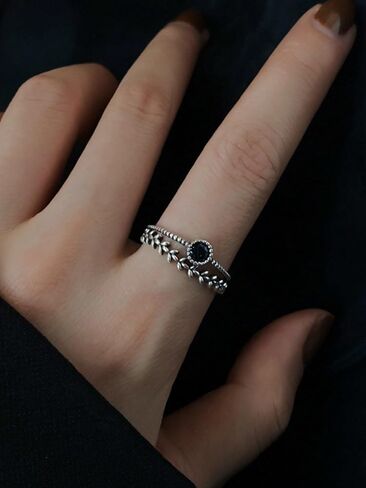 خاتم من الفضة الإسترليني s925 مرصع بالألماس بتصميم ورقة شجر من الفضة والألماس الأسود وخاتم مزدوج الفهرس in Kuwait