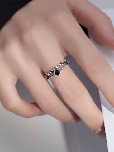 خاتم من الفضة الإسترليني s925 مرصع بالألماس بتصميم ورقة شجر من الفضة والألماس الأسود وخاتم مزدوج الفهرس in Kuwait