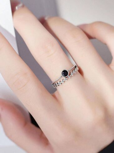 خاتم من الفضة الإسترليني s925 مرصع بالألماس بتصميم ورقة شجر من الفضة والألماس الأسود وخاتم مزدوج الفهرس in Kuwait