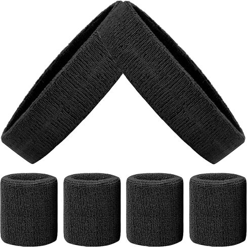 6 Pack Sports Wrist Sweatbands Set Headband Wristband Set, Moisture Wicking Sweat Bands 4 Tennis Wrist Sweatband + 2 Headbands, Athletic Terry Cloth Sweat Absorbing Head Band for Working Out -Black in Saudi Arabia